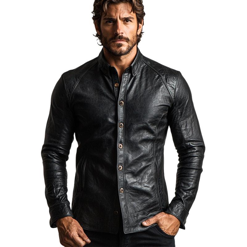 Men's Vintage Black Long Sleeve Leather Shirt 9887383552184