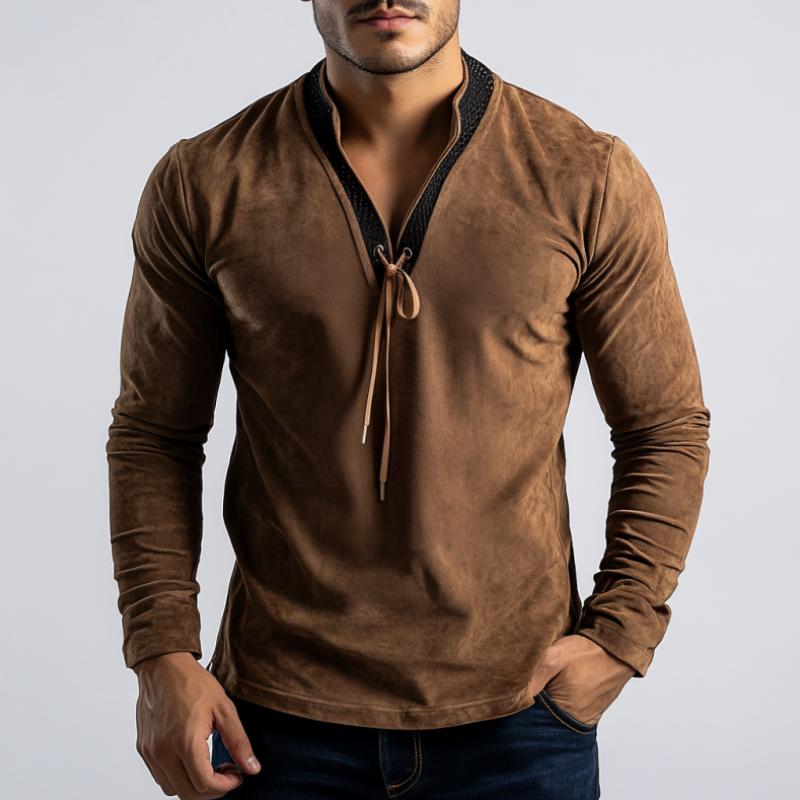 Men's Casual Stitching Leather Stand Collar Drawstring Suede Long Sleeve POLO Shirt 9886820401336