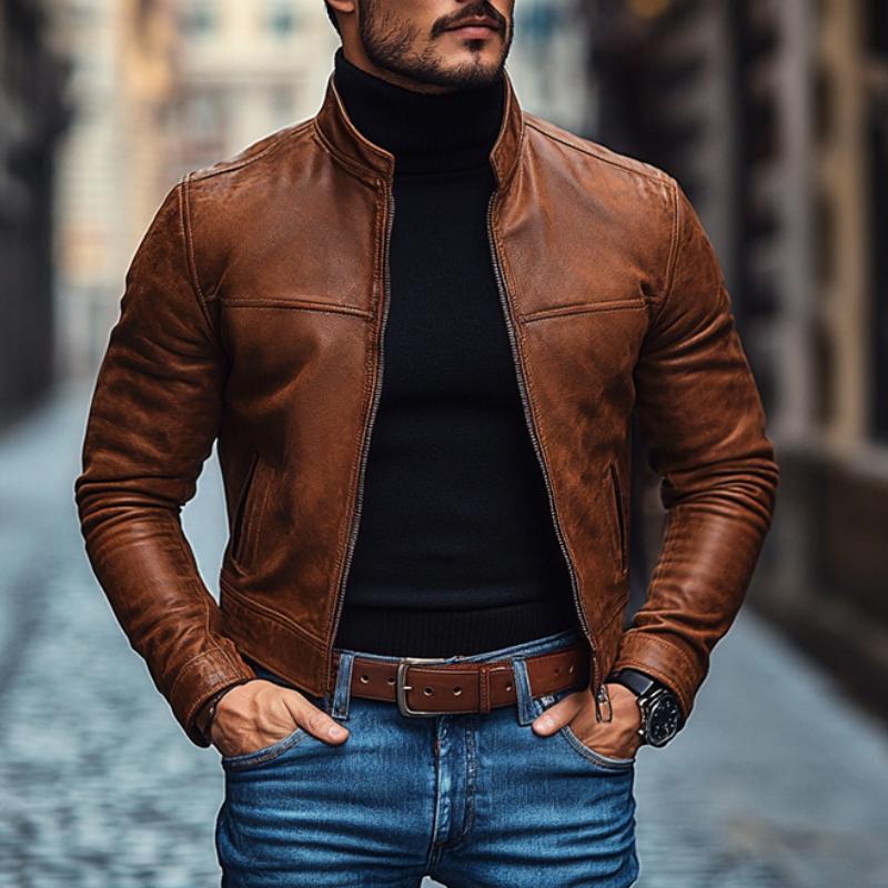 Men's Vintage Leather Stand Collar Zip-Up Slim Fit Jacket 9269592195256