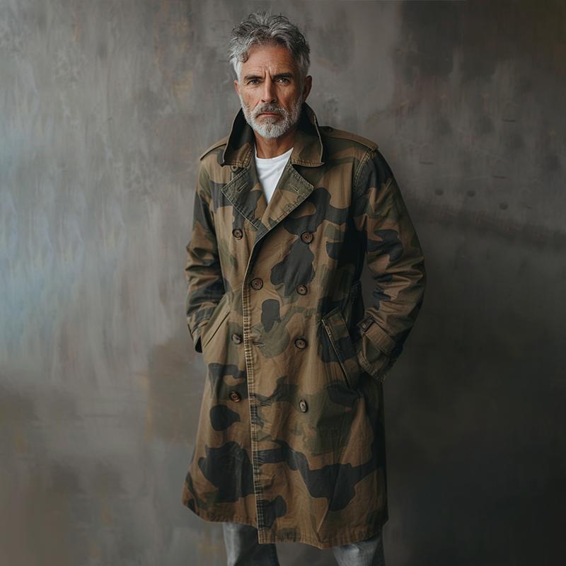 Men's Camouflage Lapel Double Breasted Mid-length Cargo Trench Coat 9261100892344
