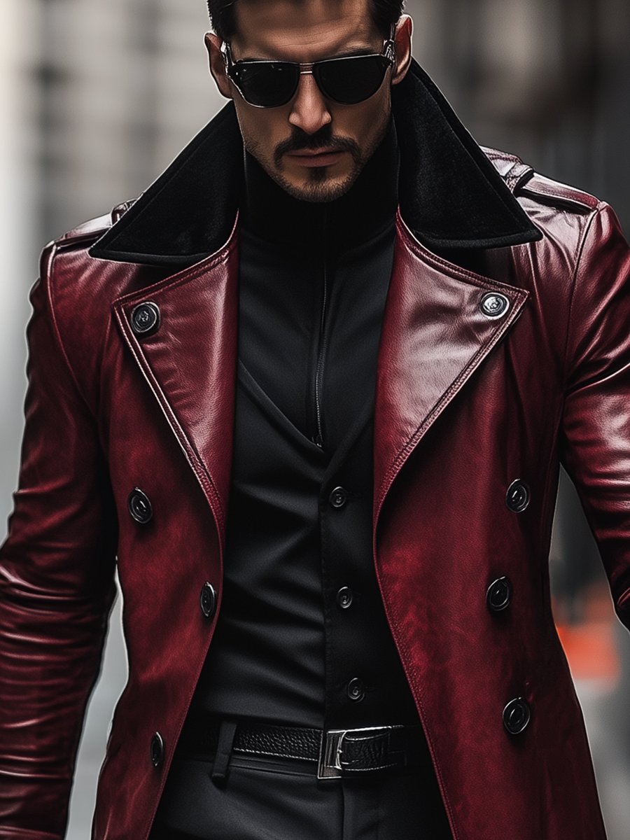 Men's Vintage Contrast Lapel Double-breasted Leather Coat 9888734511288