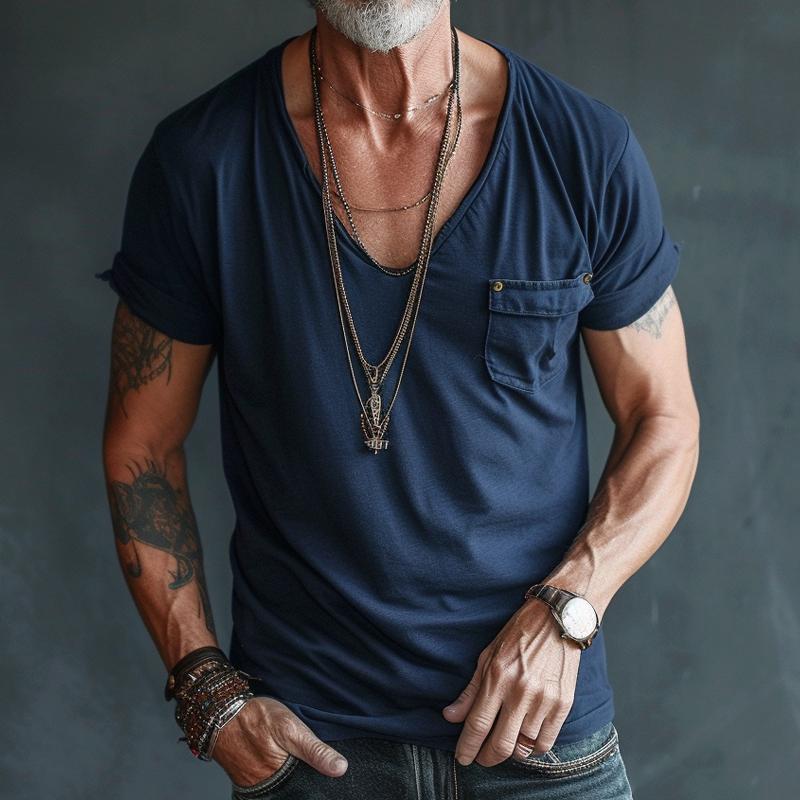 Men's V Neck Breast Pocket Short Sleeve Cargo T-shirt 9261116817592