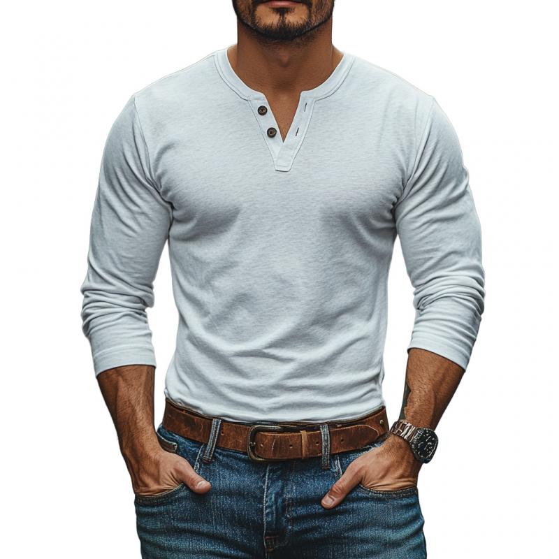 Men's Casual Solid Color Cotton V-neck Slim Fit Long Sleeve T-shirt 9274151862456