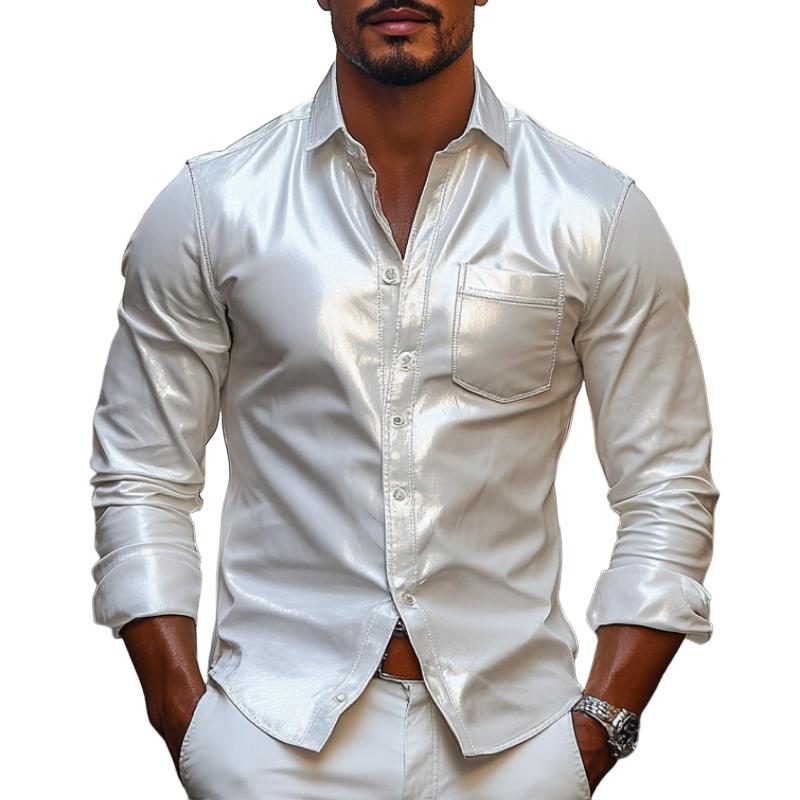 Men's Fashion Lapel Long Sleeve Leather Shirt 9877216035000