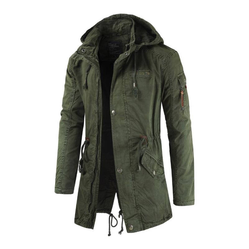 Herren Casual Outdoor Baumwolle Stehkragen Kapuze Reißverschluss Mittellanger Trenchcoat 69828861M