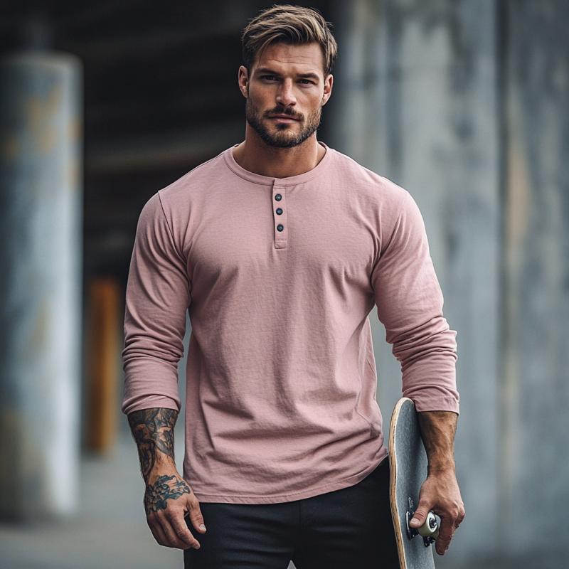 Men's Casual Cotton Henley Collar Slim Fit Long Sleeve T-Shirt 9880239014072