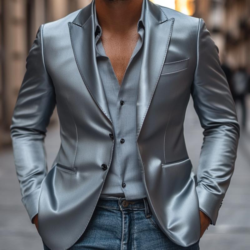 Men's Elegant Satin Peak Lapel Single-breasted Slim-fit Blazer 9877214593208