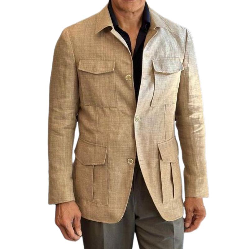 Men's Casual Cotton Linen Lapel Multi-pocket Safari Jacket 9880239538360