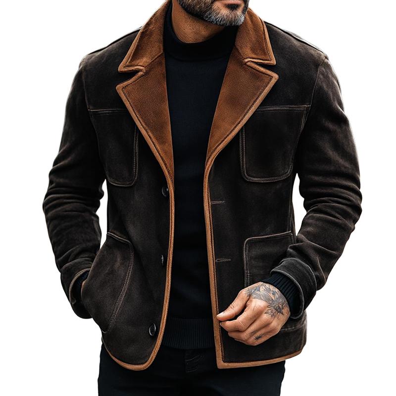 Herren-Blazer aus Wildleder mit Farbblock-Muster, Revers und mehreren Taschen, einreihig, 21898122Z