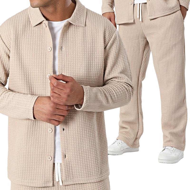 Men's Solid Waffle Jacket and Pants Set 9260834291896
