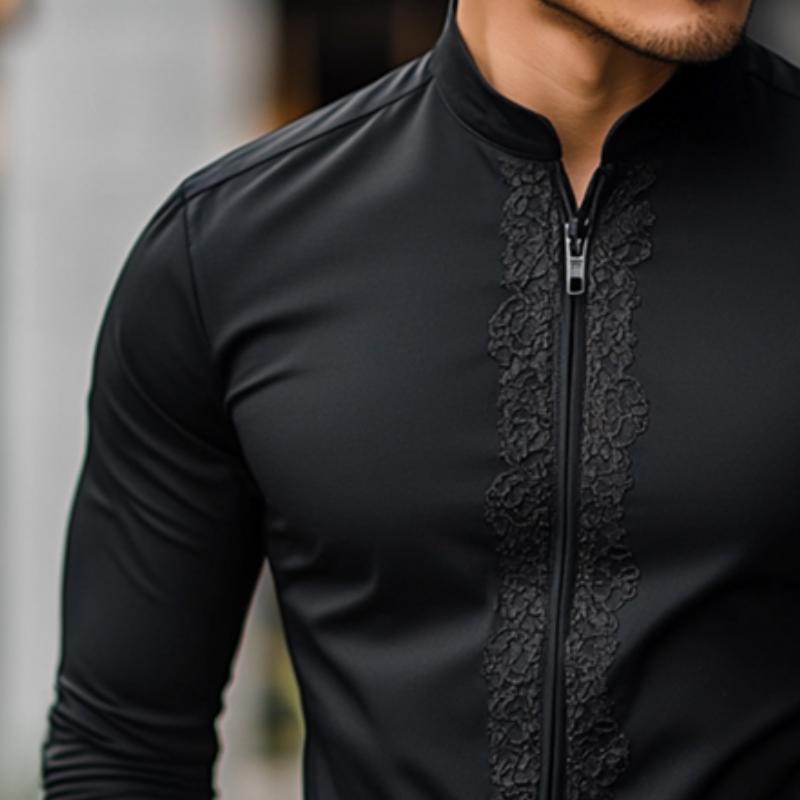 Men's Retro Casual Stand Collar Zipper Long Sleeve Shirt 9880236130488