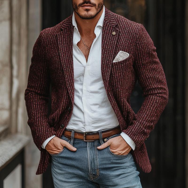 Men's Fashion Knitted Striped Notch Lapel Two Buttons Casual Cardigan 9873134158008