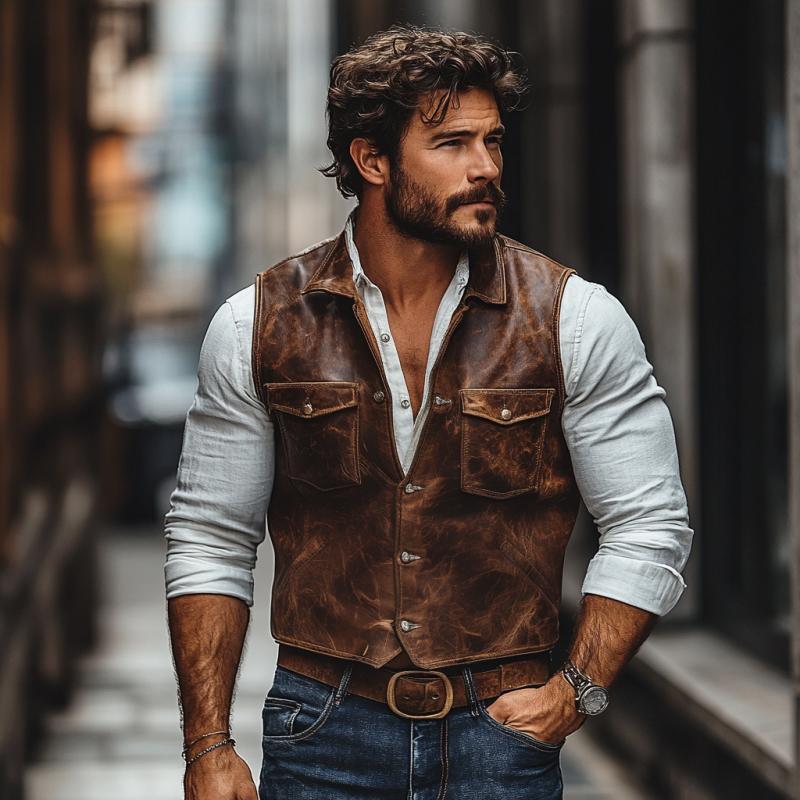 Men's Vintage Leather Lapel Single Breasted Slim Fit Vest 9887360483512
