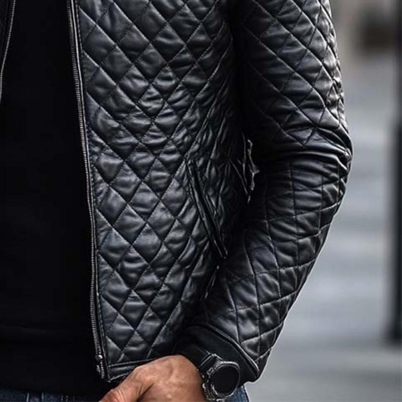 Men's Fashion Casual Diamond Quilted Slim Fit Leather Jacket 9877642117304