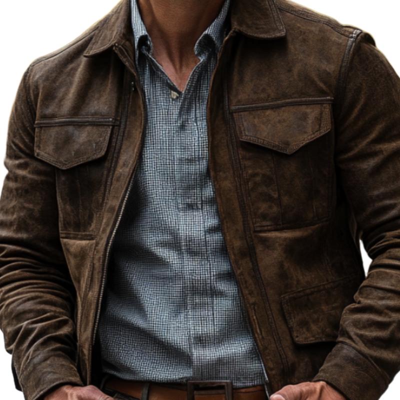Herren Lederjacke mit klassischem Revers und mehreren Taschen 9269592162488