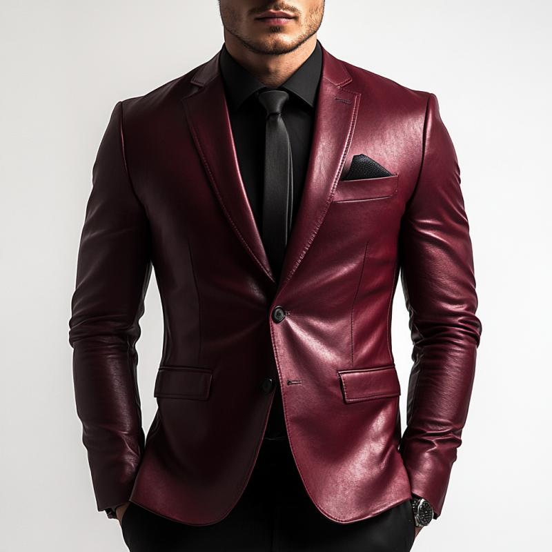 Men's Classic Vintage Two Button Slim Fit Leather Blazer 9274168967352