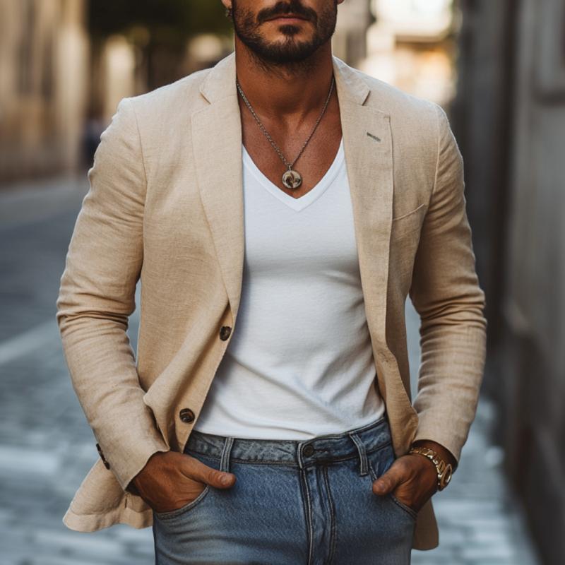 Men's Casual Cotton Linen Notch Lapel Single-breasted Slim-fit Blazer 9884641624248