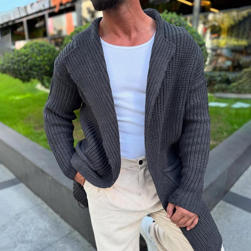 Men's Fashion Solid Color Holes Lapel Long Sleeve Knit Cardigan 9268188283064