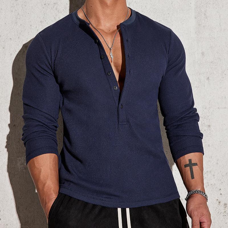 Men's Casual Stripe Henley Collar Slim Fit Long Sleeve T-Shirt 9887360647352