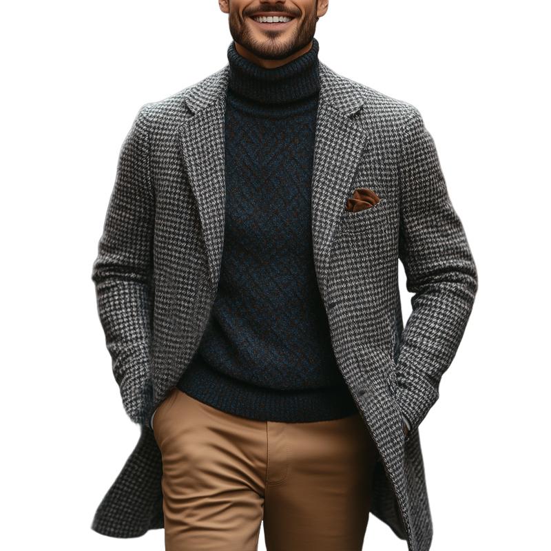Men's Retro Grey Plaid Print Mid-Length Coat 9261107806392