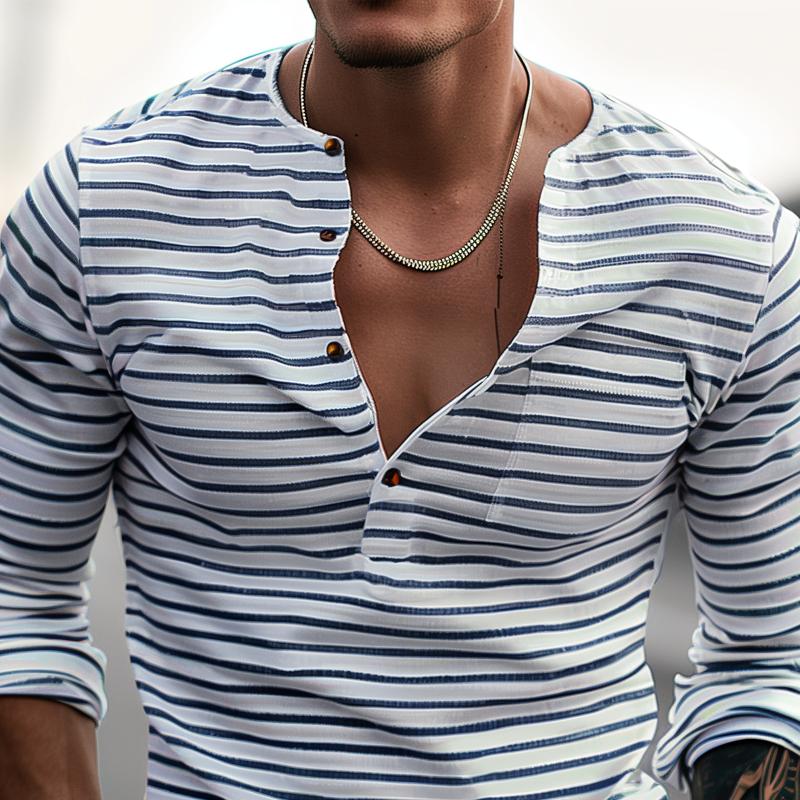 Men's Striped Henley Collar Long Sleeve Casual T-shirt 9261117341880