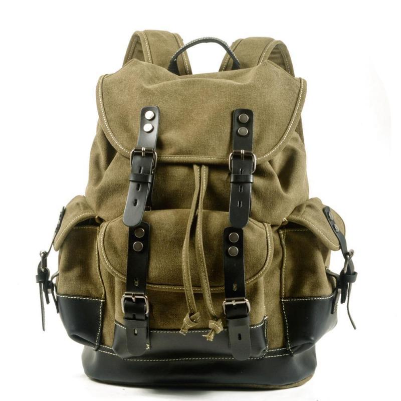 Men's Vintage Outdoor Canvas Stitching Leather Multi-Pocket Backpack 9262190624952
