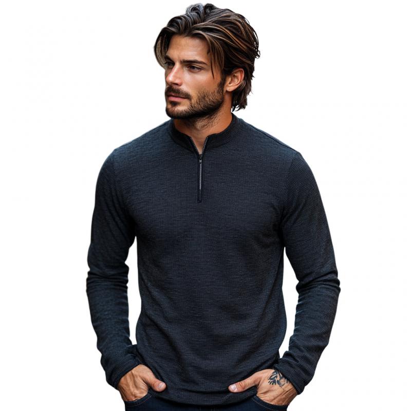 Men's Casual Waffle Stand Collar Zipper Pullover Long Sleeve T-shirt 9274167197880