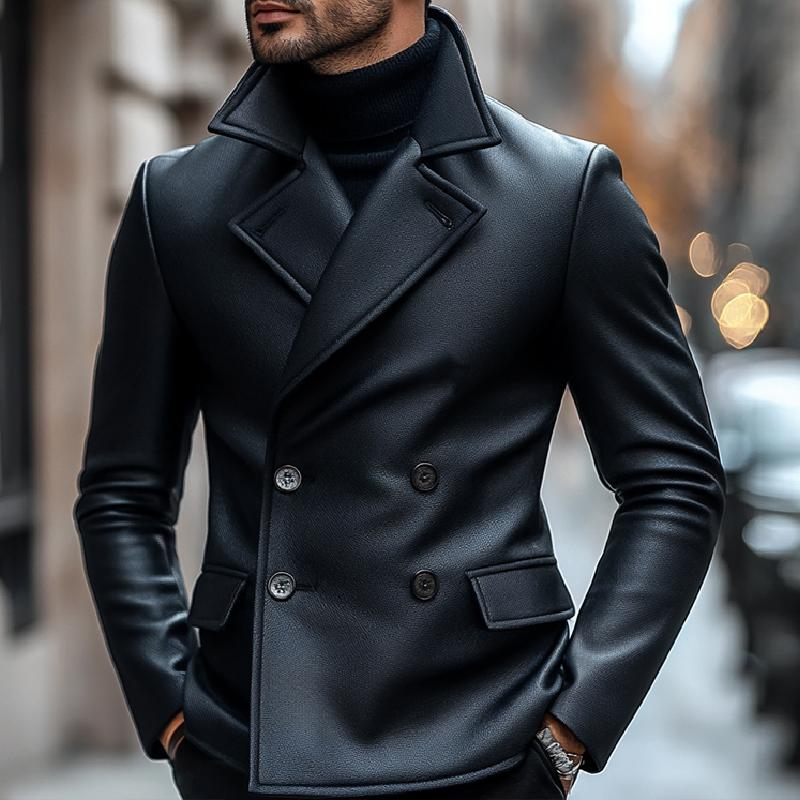 Men's Classic Notch Lapel Double Breasted Slim Fit Leather Blazer 9266614829240