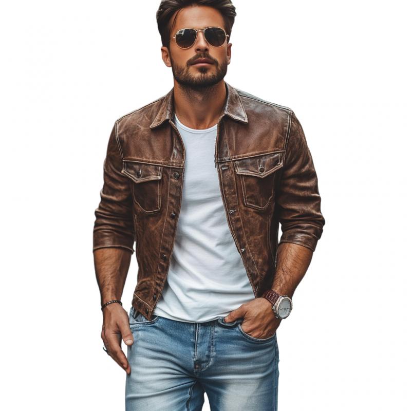 Herren Vintage Distressed Lederjacke mit Revers, schmale Passform 9272270487736
