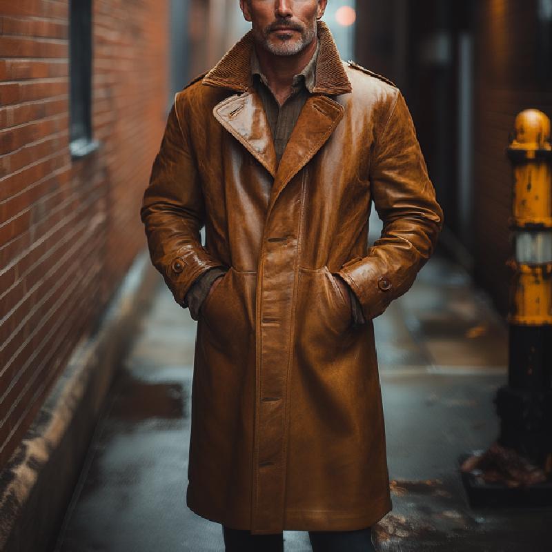 Men's Classic Mid-length Single-breasted Lapel Leather Coat 9267505823928