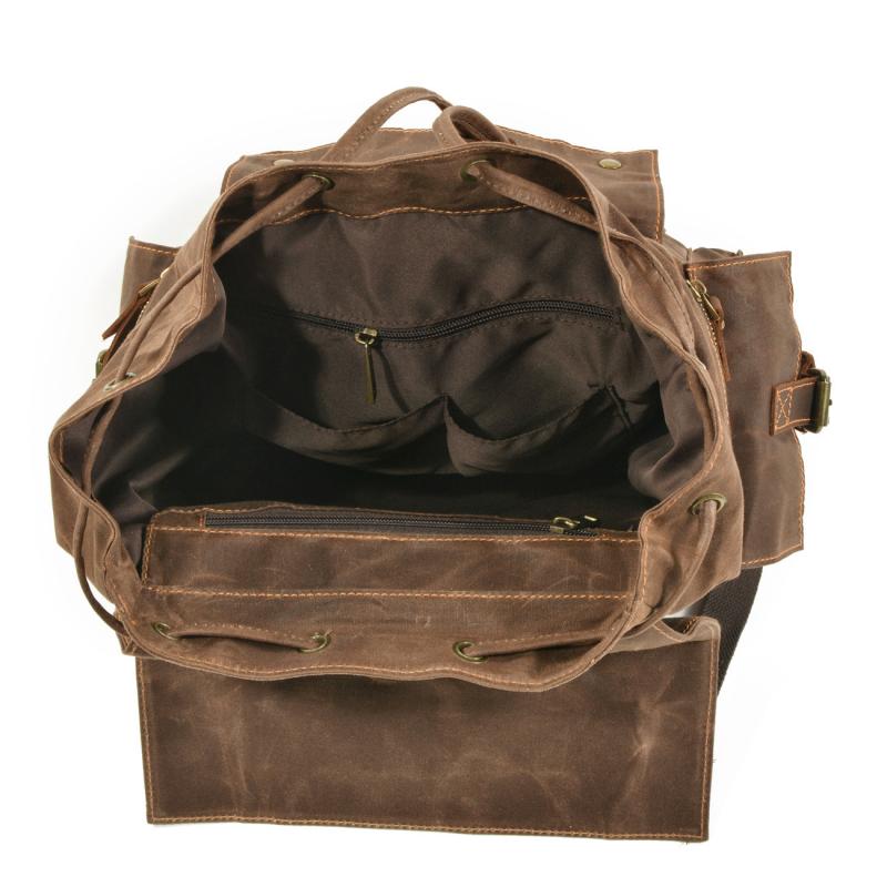 Men's Vintage Beeswax Canvas Outdoor Leather Multi-Pocket Backpack 9262190395576