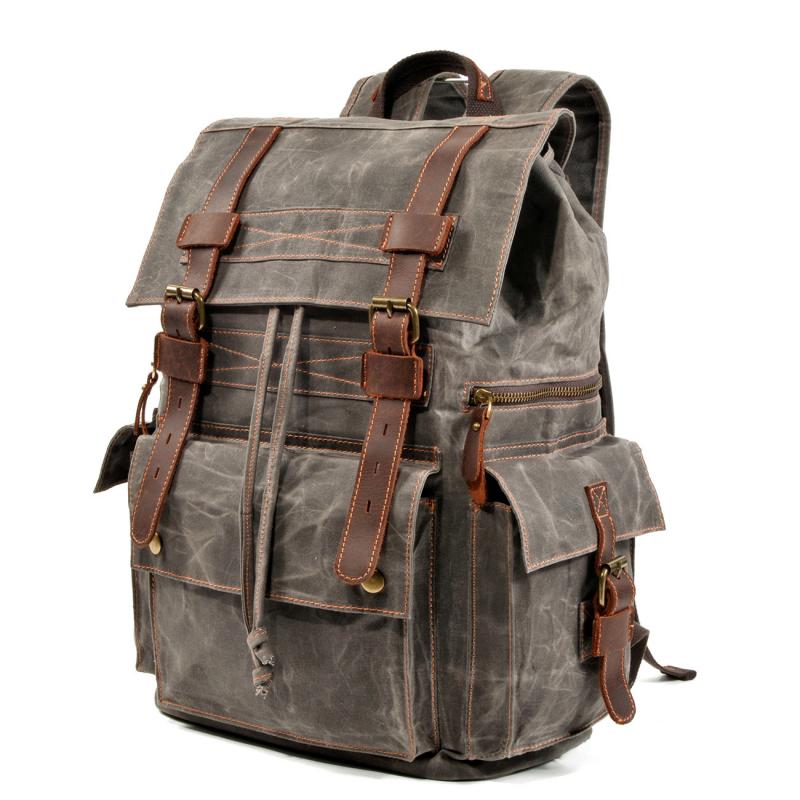 Men's Vintage Beeswax Canvas Outdoor Leather Multi-Pocket Backpack 9262190395576