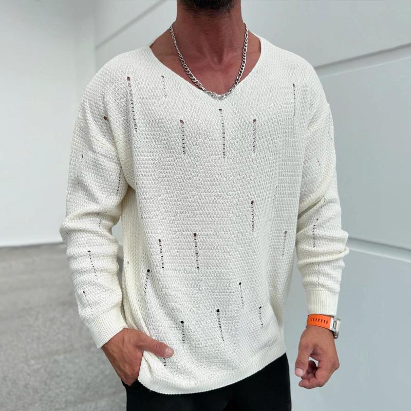 Men's Fashion Solid Color Holes V Neck Long Sleeve Knit Sweater 9268188250296