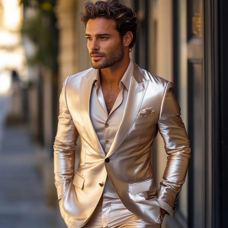 Men's Elegant Satin Peak Lapel Single-breasted Slim-fit Blazer 9877214724280