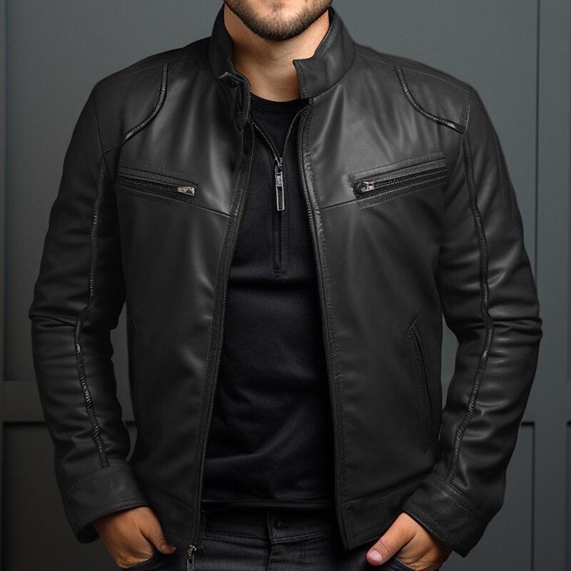 Men's Vintage Stand Collar Zipper Slim Leather Jacket 9261079789752