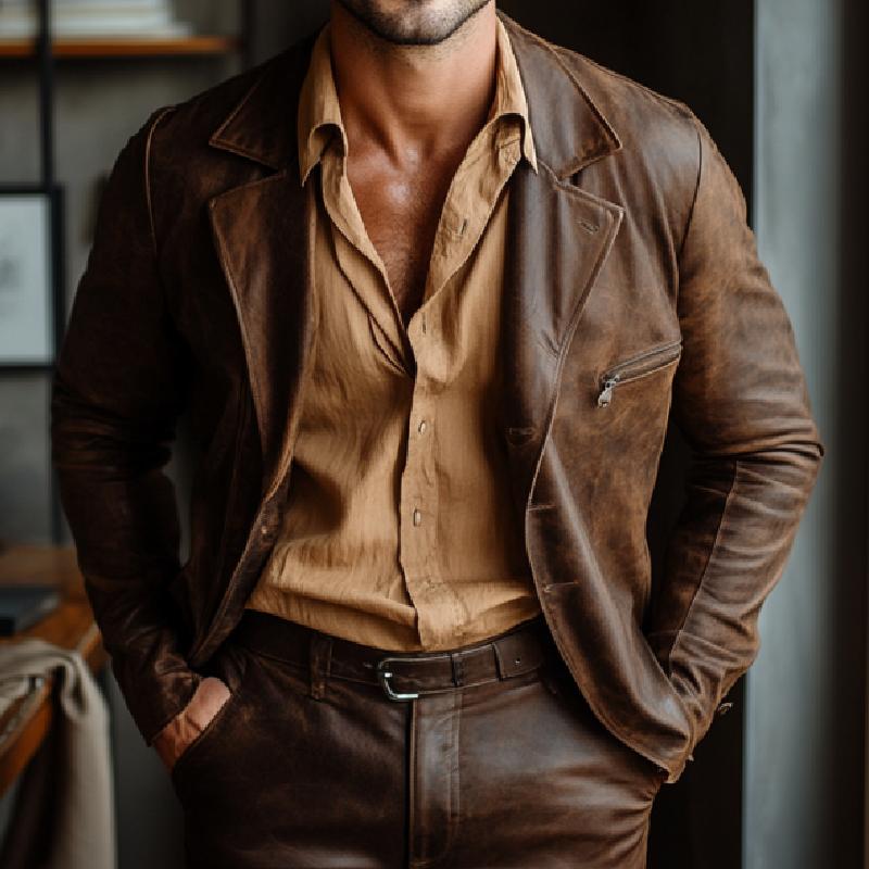Men's Vintage Leather Notched Lapel Single Breasted Loose Fit Blazer 9272243617976