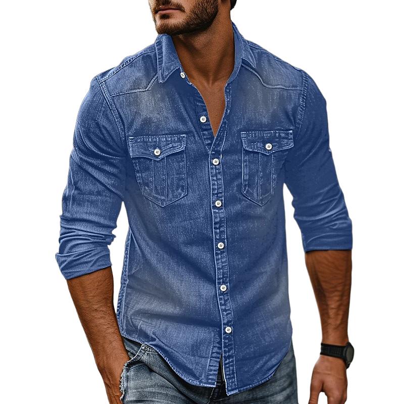 Men's Vintage Washed Distressed Denim Lapel Shirt 9261796753592