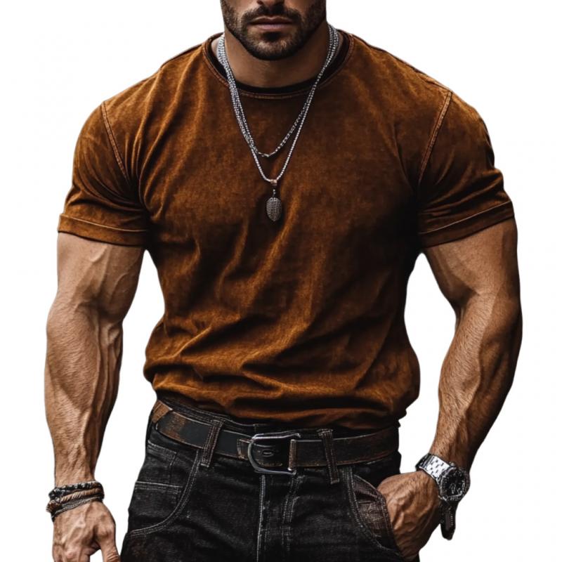 Men's Vintage Suede Round Neck Slim Short Sleeve T-Shirt 9877644148920