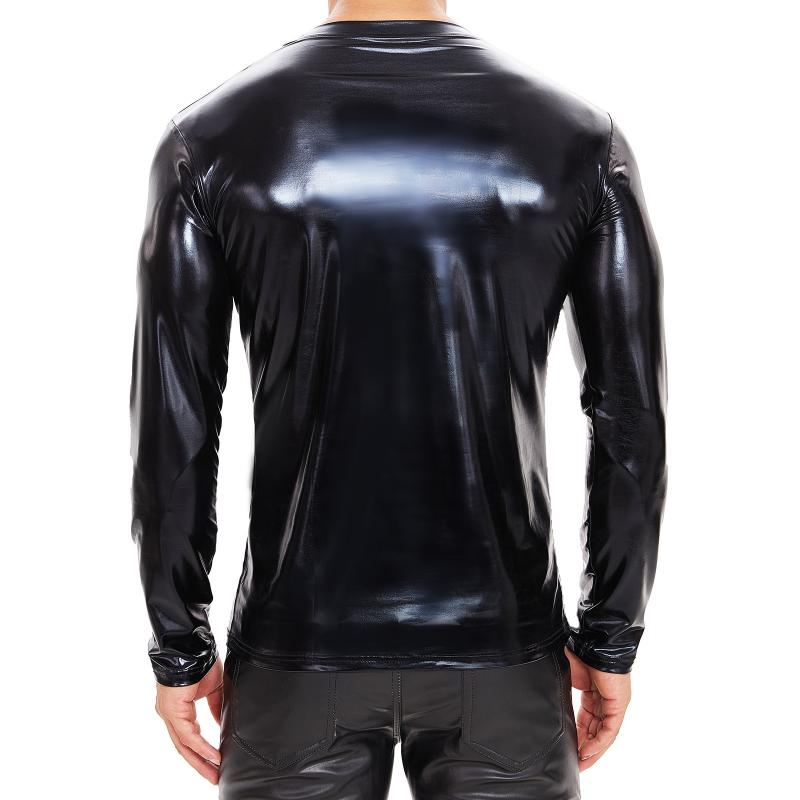 Men's Classic Casual Slim Fit Soft Patent Leather V-Neck Long Sleeve T-Shirt 9271920394424