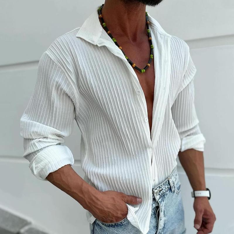 Men's Solid Striped Lapel Long Sleeve Casual Shirt 9261798883512