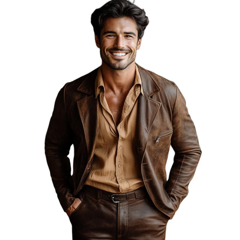 Men's Vintage Leather Notched Lapel Single Breasted Loose Fit Blazer 9272243617976
