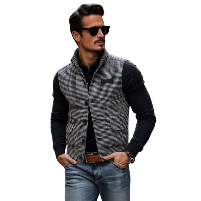 Men's Casual Stand Collar Houndstooth Single Breasted Vest 9273157517496