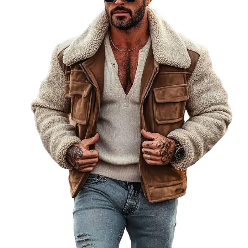 Men's Vintage Suede Stitching Lambswool Lapel Jacket Coat 9261082476728