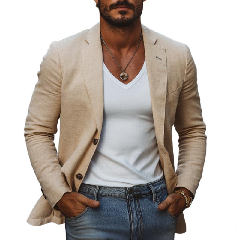 Men's Casual Cotton Linen Notch Lapel Single-breasted Slim-fit Blazer 9884641624248