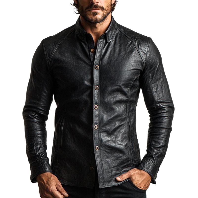 Men's Vintage Black Long Sleeve Leather Shirt 9887383552184