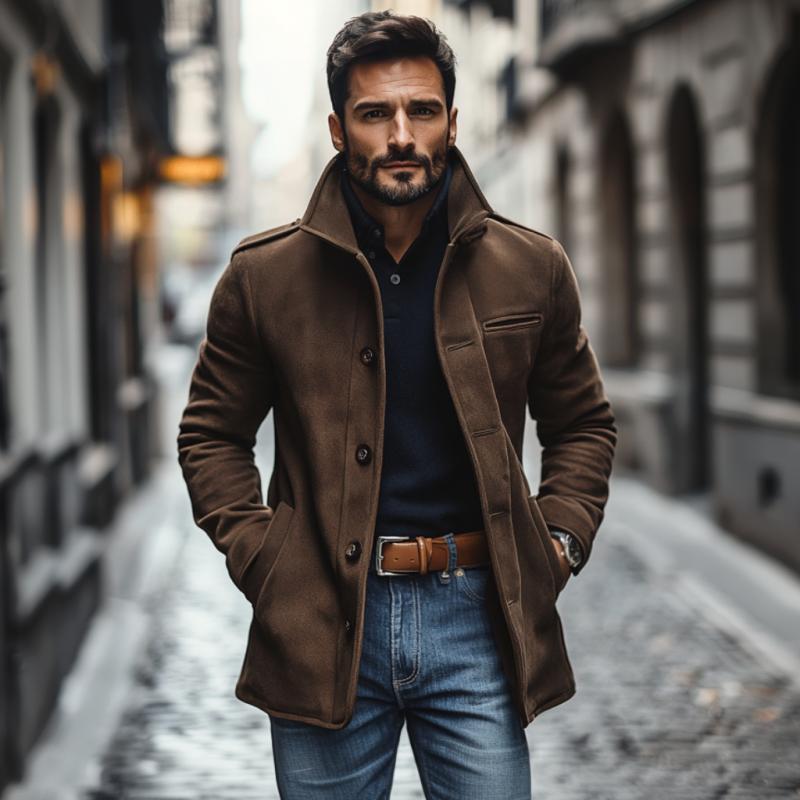 Men's Casual Suede Lapel Single Breasted Slim Fit Coat 9877214757048