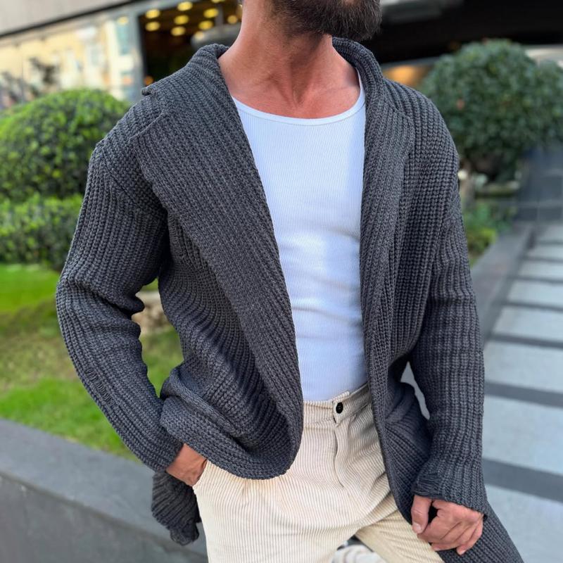 Men's Fashion Solid Color Holes Lapel Long Sleeve Knit Cardigan 9268188283064