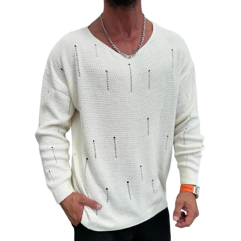 Men's Fashion Solid Color Holes V Neck Long Sleeve Knit Sweater 9268188250296