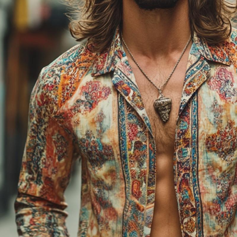 Men's Retro Casual Print Lapel Long Sleeve Shirt 9886819844280