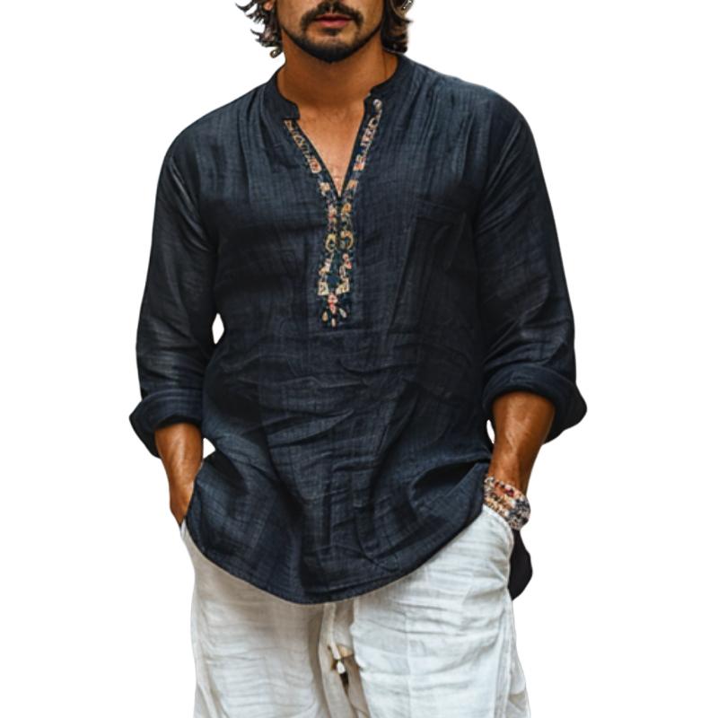 Men's Cotton and Linen Breathable Printed V-Neck Long Sleeve Shirt 9261781516472